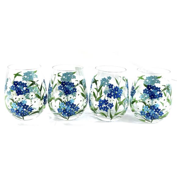 L Hand Painted Blue Forget-Me-Not Daisy Floral Stemless Wine Glasses 5” Set of 4 - Picture 1 of 5